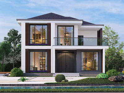 Modern Two-Story Detached Villa With Balcony Large Windows White Walls Black Roof And Greenery 3d model