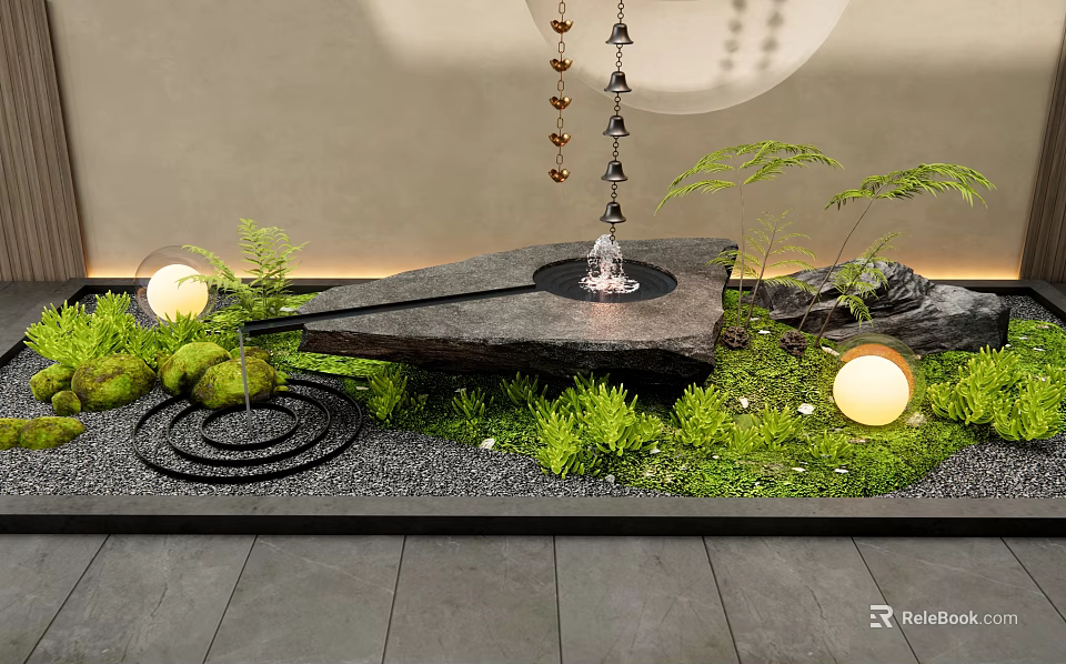 Courtyard Garden Design With Stone Fountain Green Plants Round Lights And Pebbles 3d model 