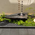 Courtyard Garden Design With Stone Fountain Green Plants Round Lights And Pebbles