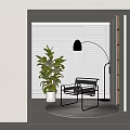 Modern Accent Chair in Interior with Floor Lamp and Green Plant Near Blinds