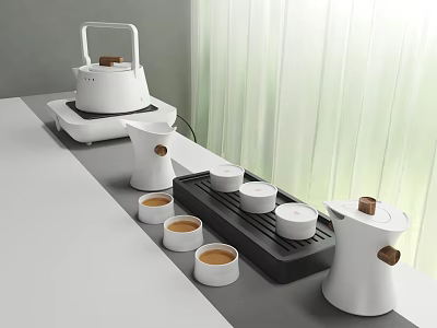 Modern Ceramic Tea Set With White Teapot Teacups And Black Tray On Gray Table 3d model