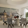 Modern Restaurant Interior With Round Dining Table White Chairs And City Wall Mural