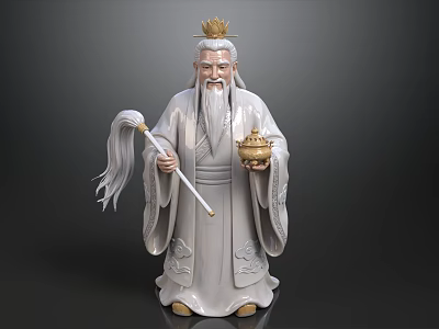 Man With Golden Crown Long White Beard And White Robe Holding Whisk And Golden Container 3d model