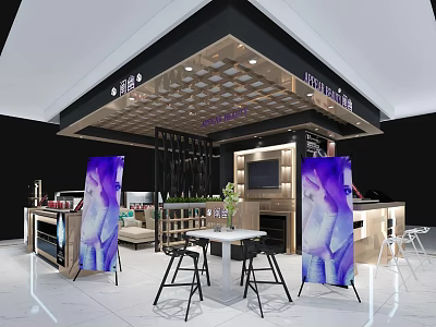 Modern Specialty Store Interior With Purple Posters Display Counter And Product Shelves 3d model
