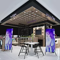 Modern Specialty Store Interior With Purple Posters Display Counter And Product Shelves