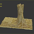 3D Wooden Tree Trunk with Stone Base Exposed Roots and Golden Accents