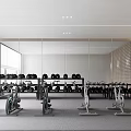 Modern Gym Interior With Exercise Bikes Dumbbell Racks Mirrors And Perforated Wall Panels