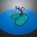 Modern Scene With Blue Water Green Island And Curved Tree Hanging Elements
