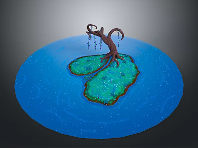 Modern Scene With Blue Water Green Island And Curved Tree Hanging Elements 3d model