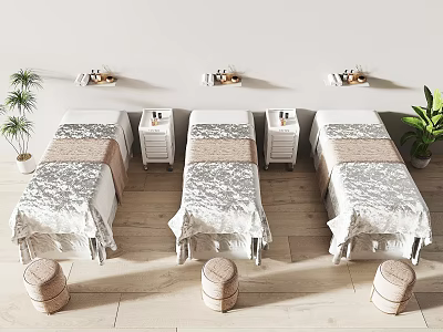 Light Toned Spa Room With Three Treatment Beds Stools And Plants 3d model