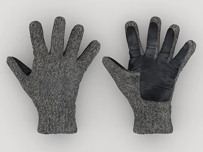 Pair of Grey Knitted Gloves With Black Leather Palm Design Element 3d model