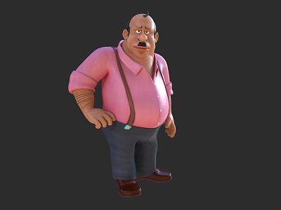 Chubby Game Movie Character With Serious Mustache Pink Shirt Brown Suspenders And Blue Pants 3d model