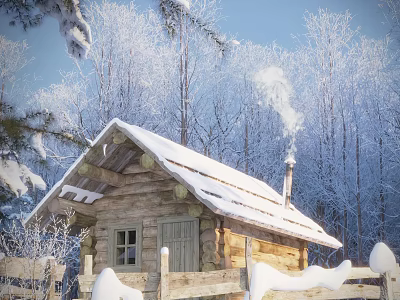 Snowy Detached Log Cabin Villa With Snow Covered Roof And Smoke From Chimney 3d model