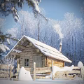 Snowy Detached Log Cabin Villa With Snow Covered Roof And Smoke From Chimney