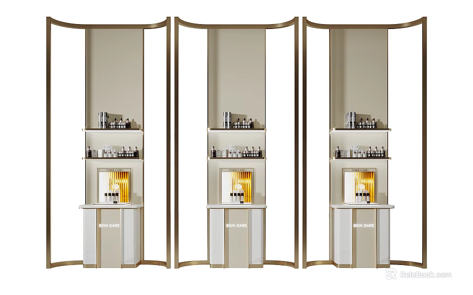 Modern Display Shelves with Gold Frame and Glass Door for Elegant Storage Showcase 3d model 