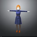Child with red hair wearing blue dress and orange shoes standing with arms outstretched