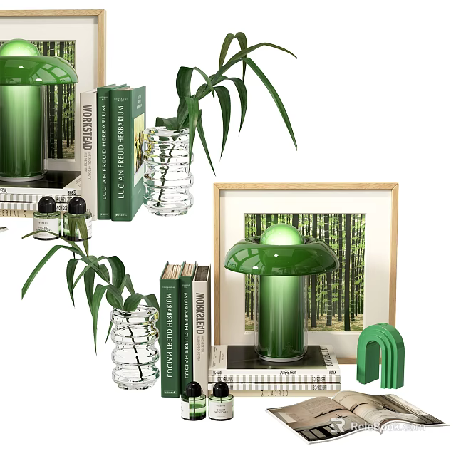 Green Themed Decorative Ornament Set with Mushroom Lamp Vase Plants Books and Frame 3d model 