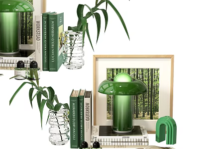 Green Themed Decorative Ornament Set with Mushroom Lamp Vase Plants Books and Frame 3d model