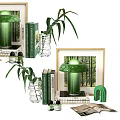 Green Themed Decorative Ornament Set with Mushroom Lamp Vase Plants Books and Frame