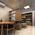 Comfortable Staff Lounge Area With Blue Sofa Marble Coffee Tables And Wooden Bookshelf