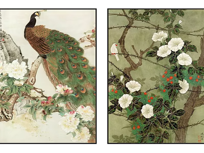 Botanical Paintings With Peacock on Branches White Flowers and Red Berries 3d model