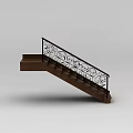 Elegant Wooden Staircase Featuring Black Wrought Iron Railing With Intricate Scroll Designs
