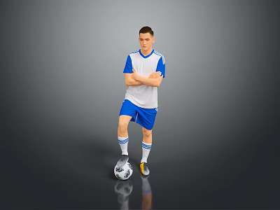 Male Football Player in Blue and White Jersey with Arms Crossed and Soccer Ball 3d model