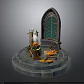 Mystical Fantasy Altar Scene With Arched Green Grid Window Smoking Cauldron And Circular Stone Steps
