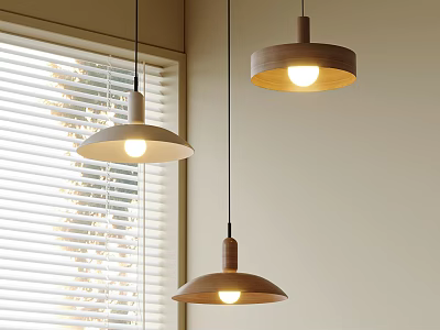 Modern Wooden Pendant Lights with Round Shades Hanging by Window Blinds 3d model