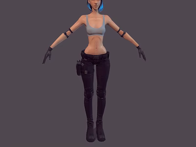 3D Female Character Featuring Blue Hair Gray Tank Top Black Pants Arm Guards Utility Belt 3d model