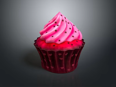 Delicious Cupcake With Pink Frosting Black Star Decorations And Red Heart Pattern Cup 3d model