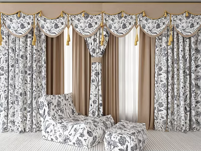 Elegant Floral Patterned Curtains With Tassel Trim And Valance For Window Interior Design 3d model