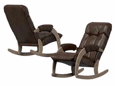 Two Brown Leather Rocking Chairs With Comfortable Padding And Wooden Rocking Legs 3d model
