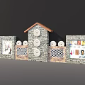 Brick Background Wall With House Shaped Structure Brown Roof Circular Decorations Grid Sections And 3d model