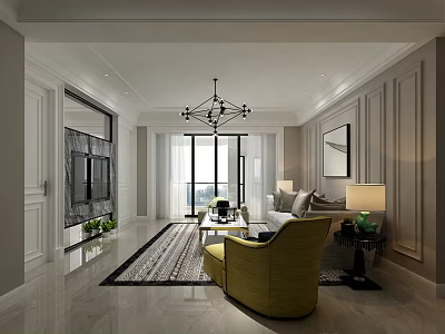 Modern Living Room Interior With White Walls Chandelier Yellow Armchair And Large Windows 3d model