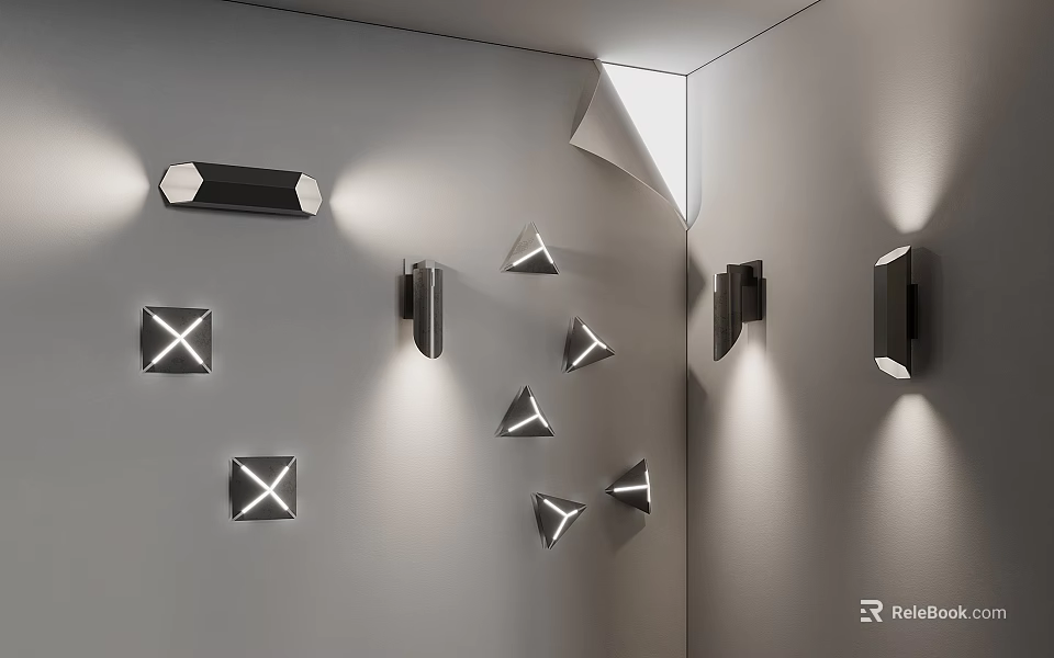 Modern Wall Sconces with Various Designs and Shapes Illuminating Gray Wall 3d model