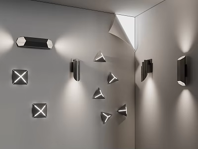 Modern Wall Sconces with Various Designs and Shapes Illuminating Gray Wall 3d model