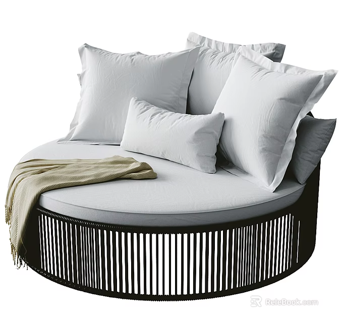 Round Outdoor Sofa with White Pillows Beige Blanket and Black Vertical Striped Frame 3d model 