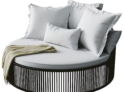 Round Outdoor Sofa with White Pillows Beige Blanket and Black Vertical Striped Frame 3d model