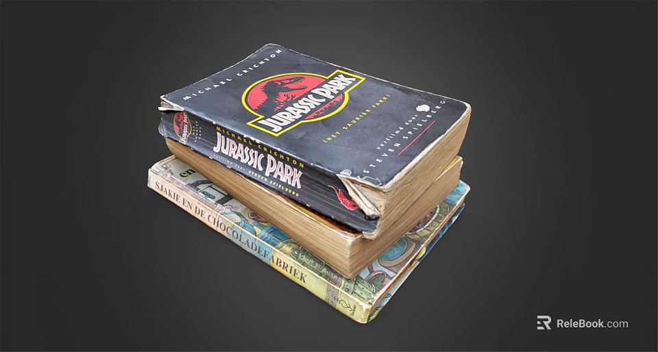 Worn Jurassic Park Book Stack With Other Books On Dark Background 3d model 