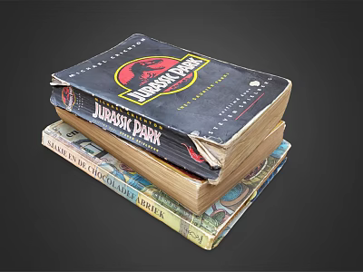 Worn Jurassic Park Book Stack With Other Books On Dark Background 3d model