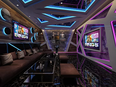 Modern KTV Interior with Comfortable Sofas Large TV Screens and Colorful LED Lighting 3d model