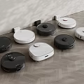 Multiple Smart Machines Black And White Robot Vacuums On Wooden Floor Against Wall