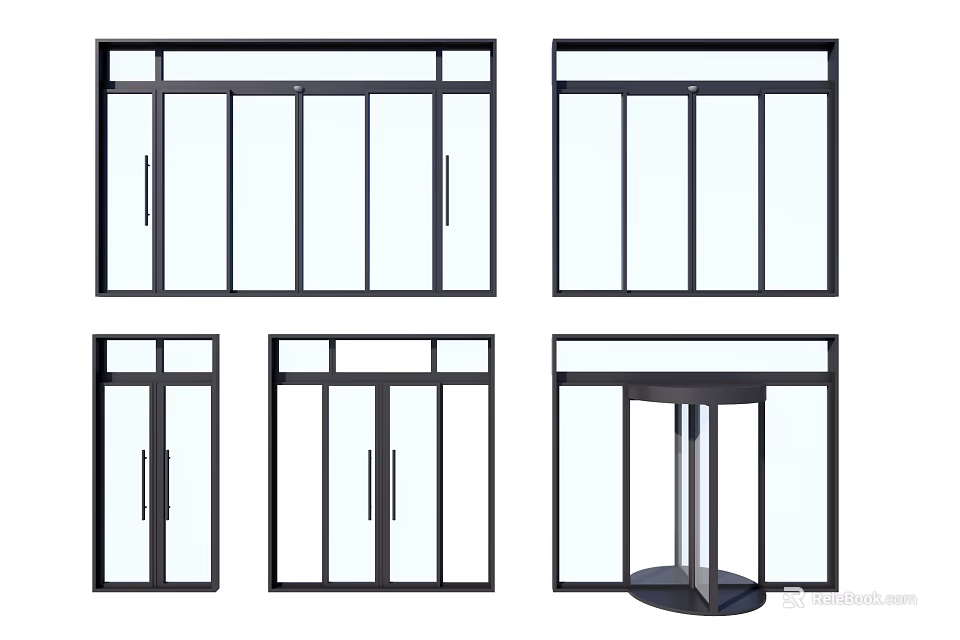 Modern Glass Doors With Black Frame Featuring Sliding Double And Revolving Design Styles 3d model 