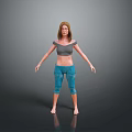 Woman Barefoot In Gray Off Shoulder Top And Blue Plaid Capri Pants On Reflective Floor 3d model