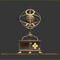 Antique Astronomical Brass Device With Hexagonal Base And Decorative Wooden Platform 3d model