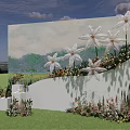 Outdoor Floral Backdrop With Large White Flowers Surrounding Plants Grassland And Sky Clouds