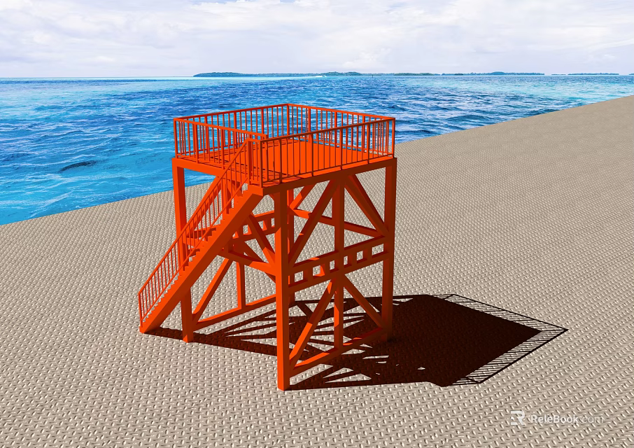 Orange Architectural Structure Featuring Stairs Open Railing And Platform On Seaside Beach 3d model 