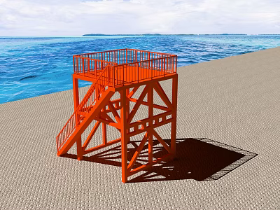 Orange Architectural Structure Featuring Stairs Open Railing And Platform On Seaside Beach 3d model
