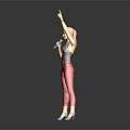 Female Performer In Black Vest And Red Pants Holding Microphone With Raised Finger